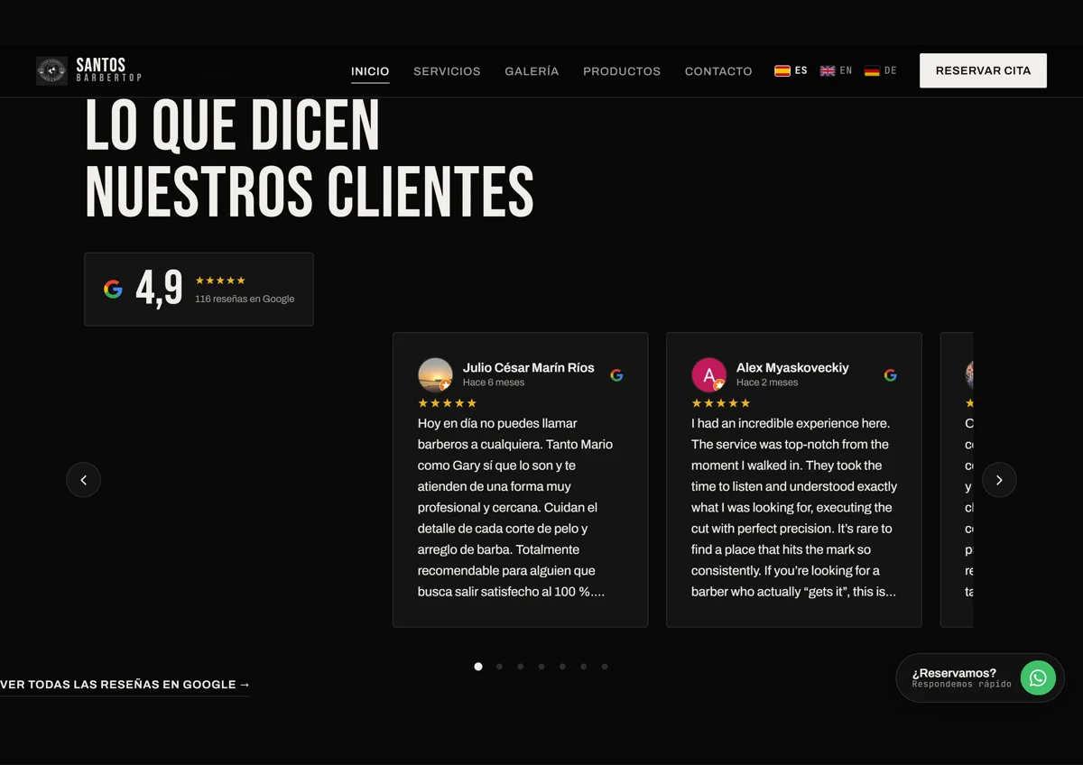 Carrusel de reseñas a medida con sello 4,9★ y 116 reseñas de Google