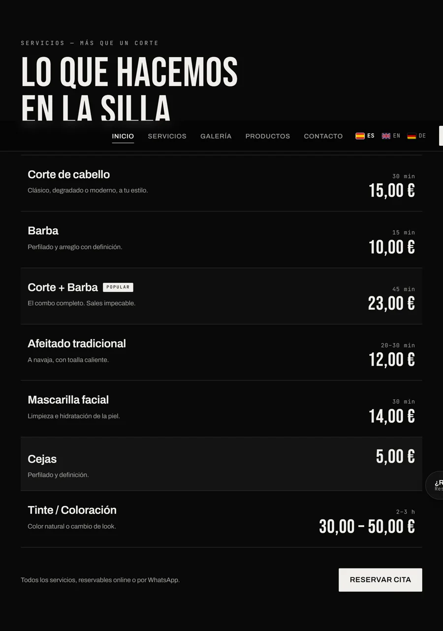 Servicios y precios en la nueva web