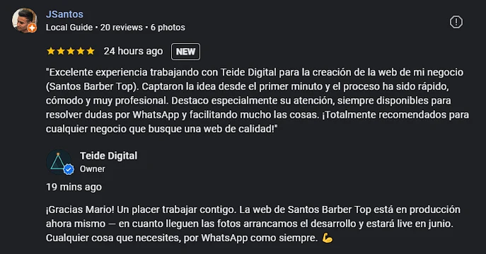 Reseña de 5 estrellas de Mario en el perfil de Google de Teide Digital.